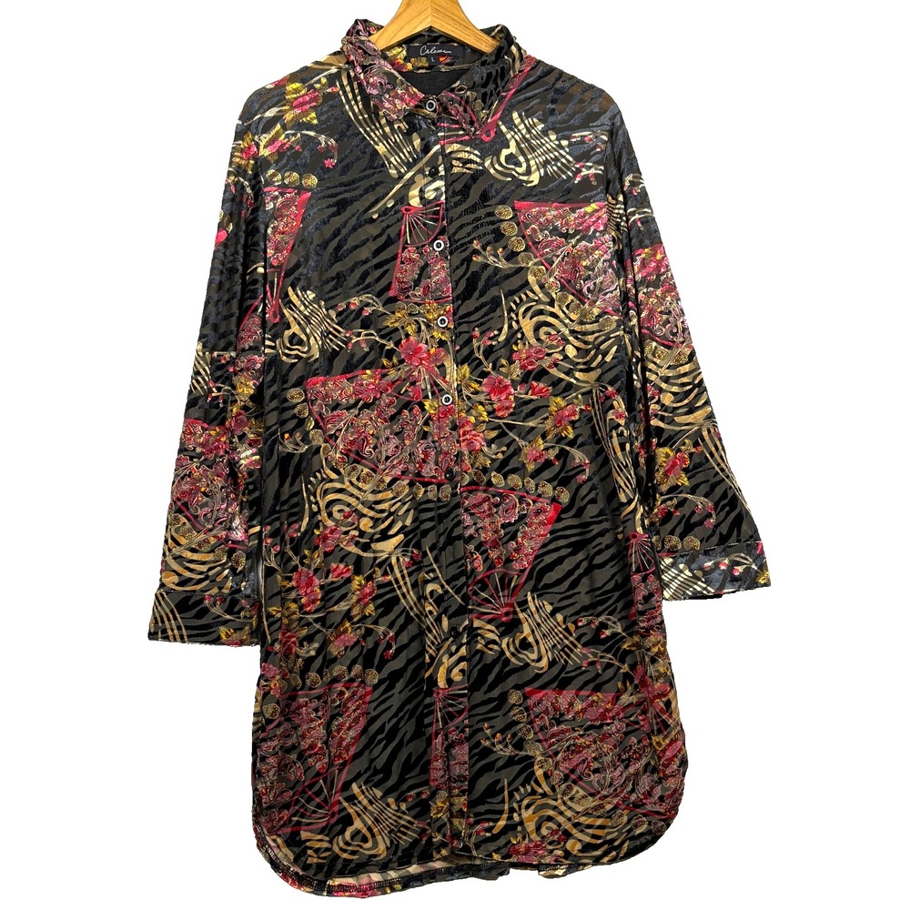 Caleoas Women Long Sleeve‎ Velvet Burnout Tunic Button Up Sz L Whimsigoth Boho